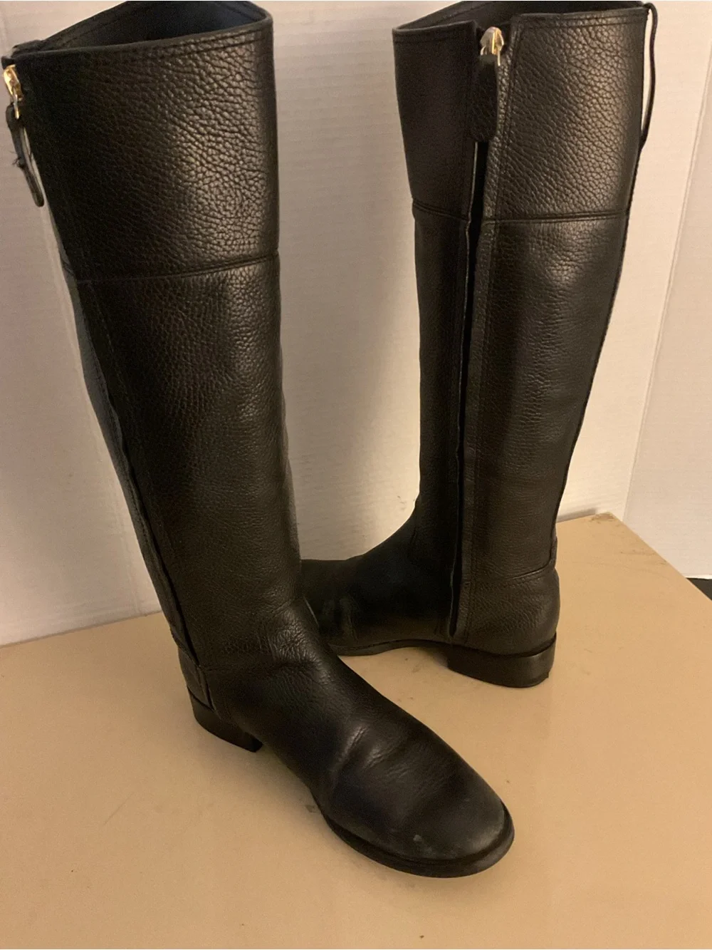 Tory Burch women Black Leather Knee-High Riding Boots with Gold Logo boots US 7